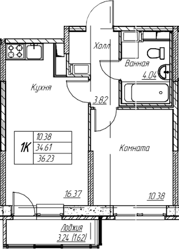 1-комнатная квартира 36.23 м², 3/22 эт., ЖК «Парк-квартал Юнтолово»
